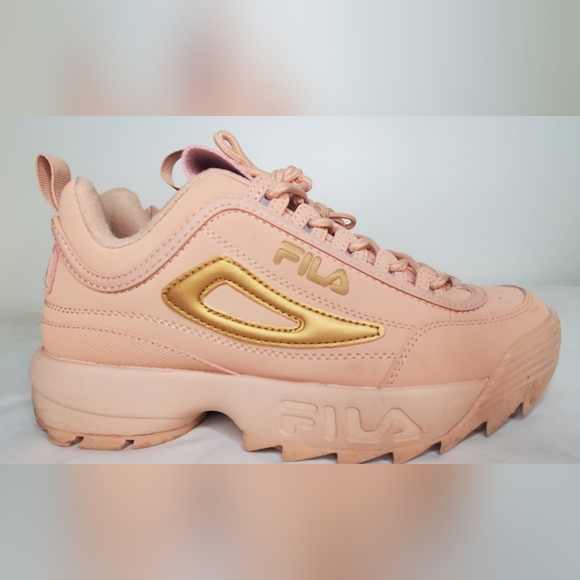 Fila Shoes - FILA Disruptor Women's Peach Color and Metalic Gold Accent Sneakers